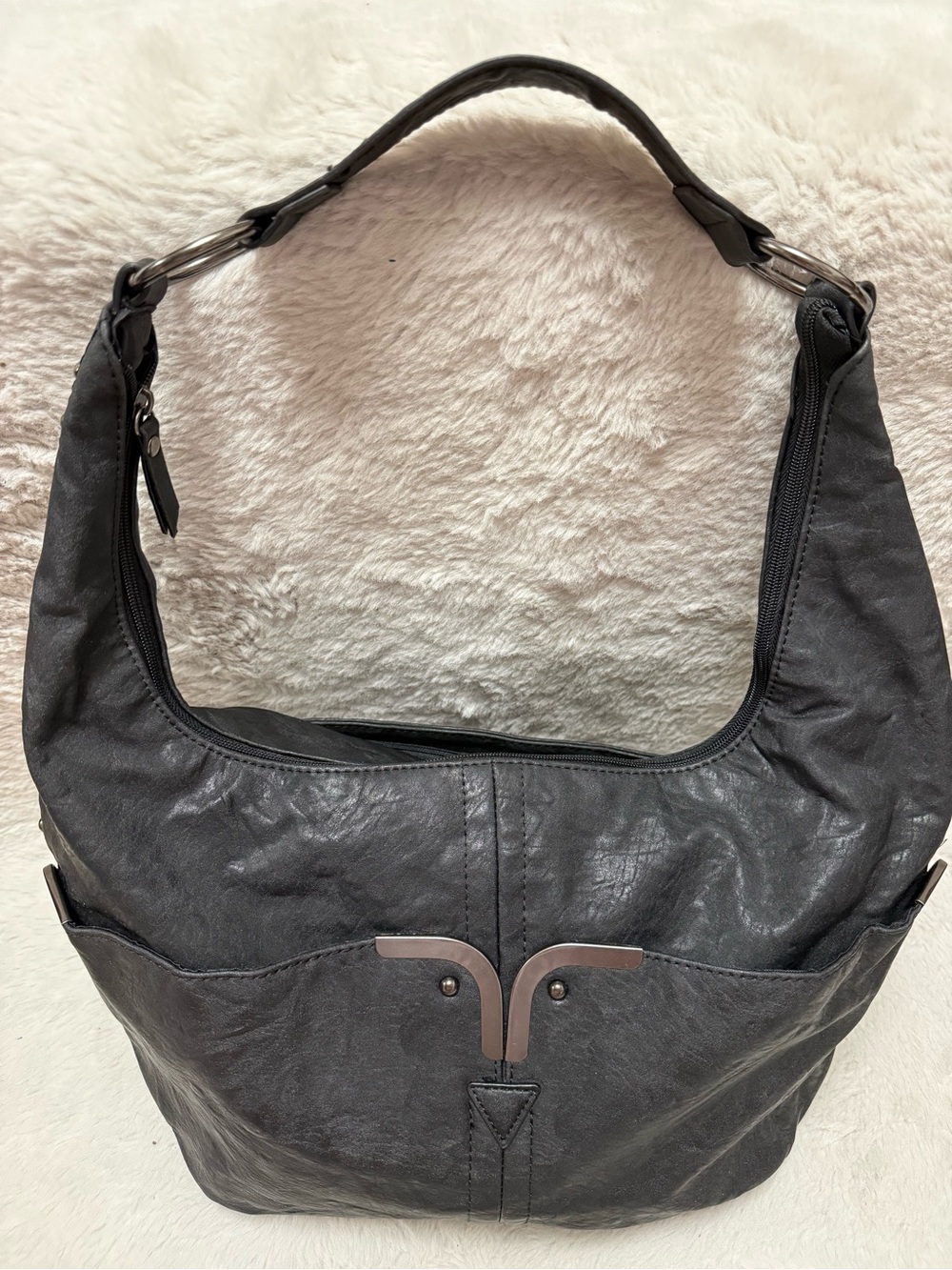 Black Faux Leather Hobo Bag with Metal Accent